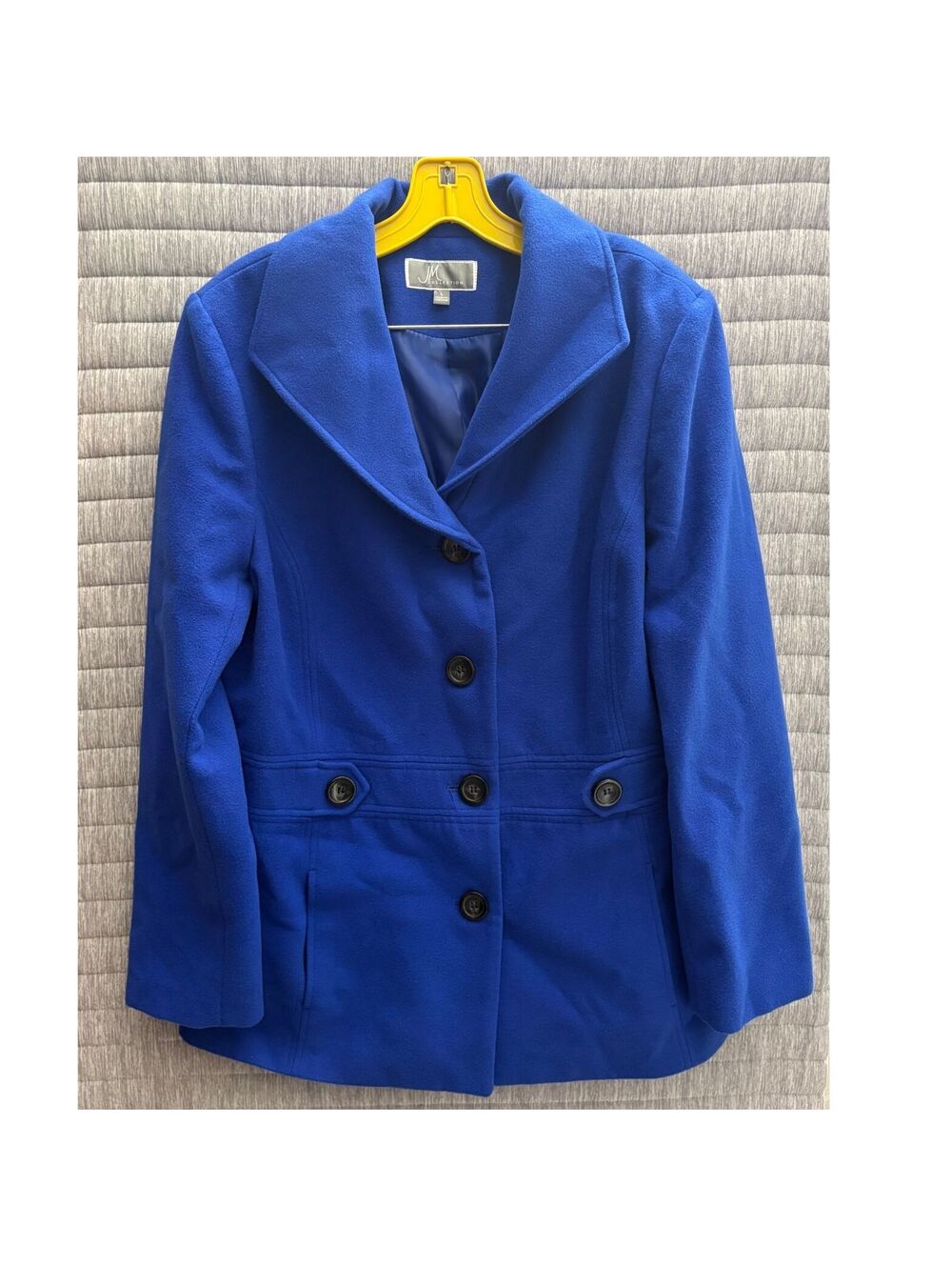 JM Collection Women's Royal Blue Pea Coat Size Large Black Buttons Chic